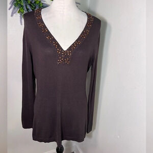 New York & Company, M, silk blend, bead sequent deepV neckline long sleeve tunic